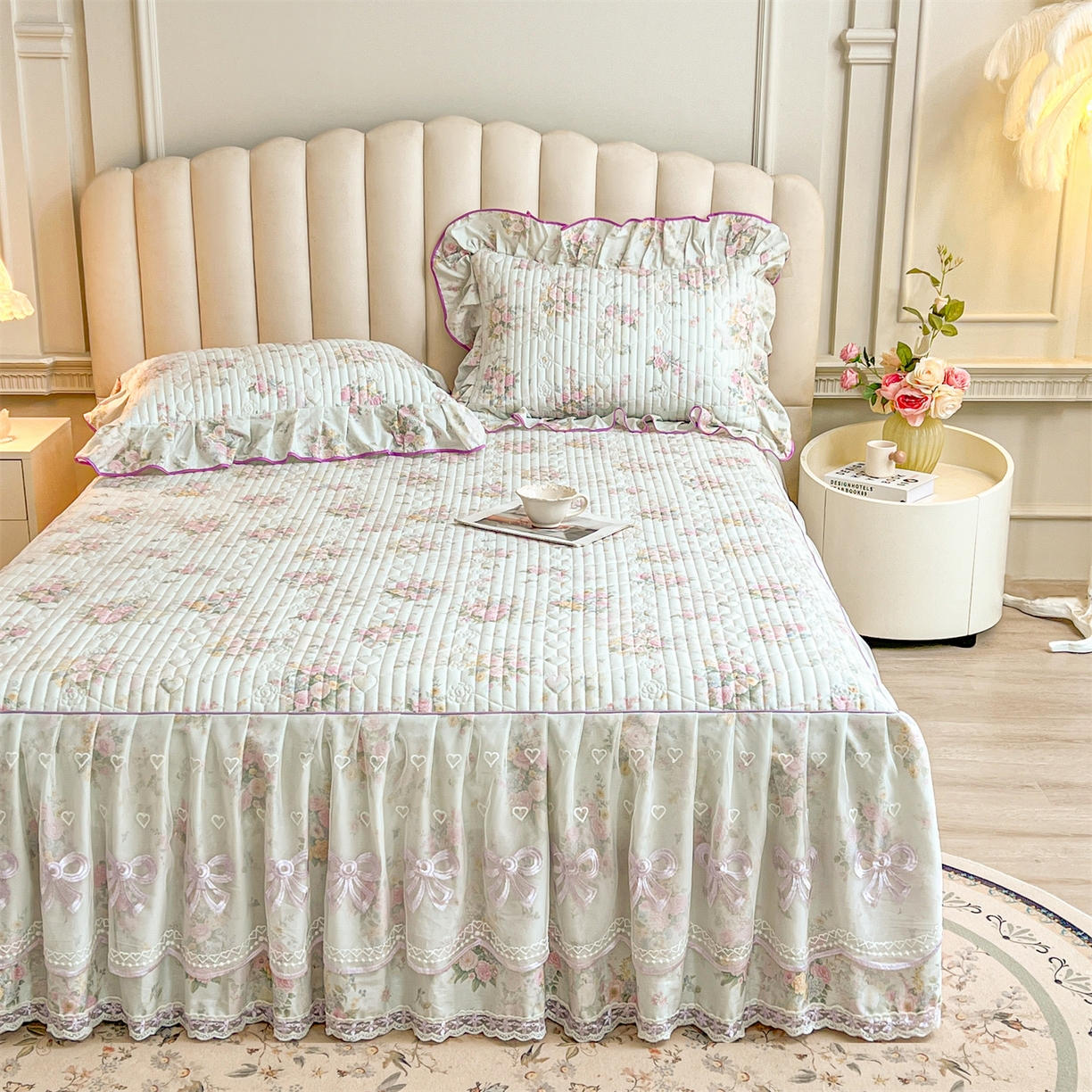 91家纺网 家纺一手货源 找家纺 （总）宜凡家纺 2026新款全棉印花公主风夹棉床裙四件套