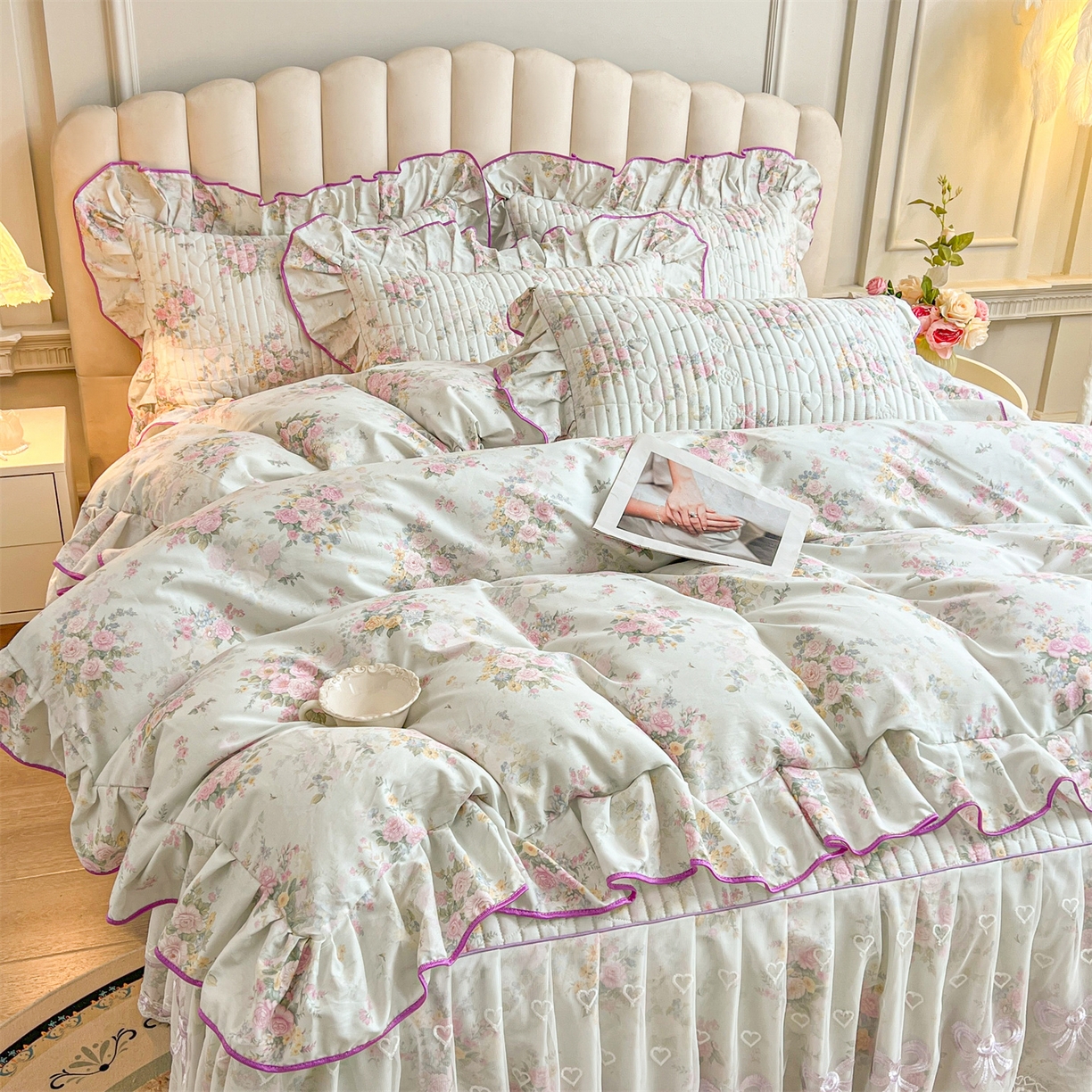 91家纺网 家纺一手货源 找家纺 （总）宜凡家纺 2026新款全棉印花公主风夹棉床裙四件套