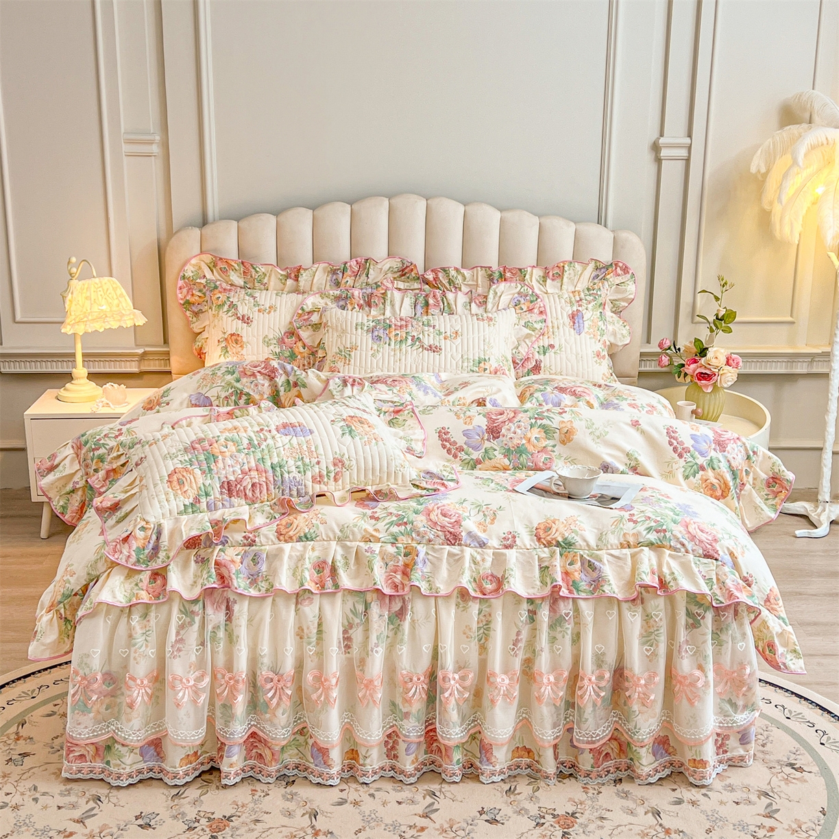 宜凡家纺 2026新款全棉印花公主风夹棉床裙四件套 春色入梦