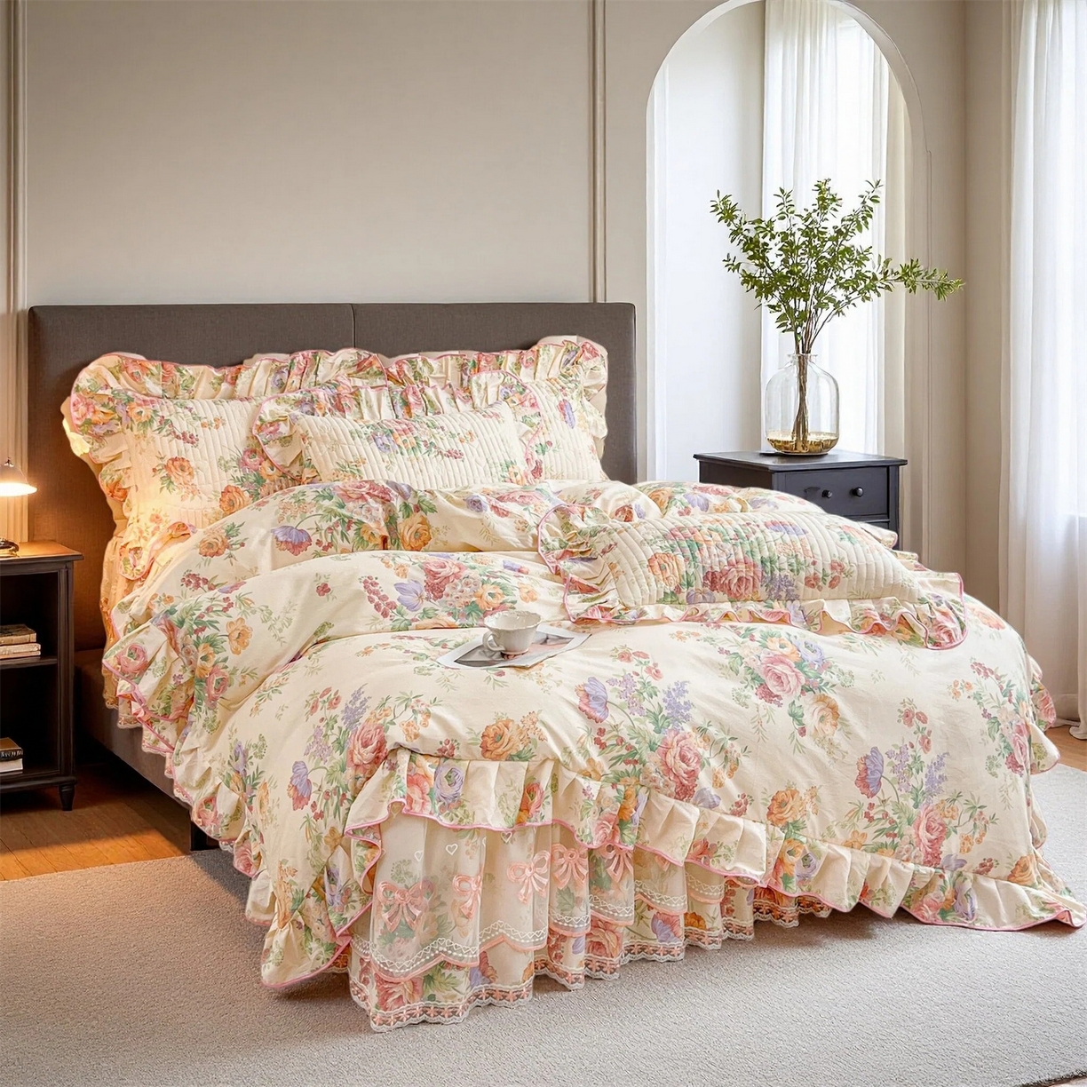 91家纺网 家纺一手货源 找家纺 宜凡家纺 2026新款全棉印花公主风夹棉床裙四件套 春色入梦