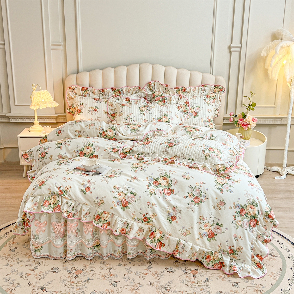 91家纺网 家纺一手货源 找家纺 宜凡家纺 2026新款全棉印花公主风夹棉床裙四件套 洛川花海