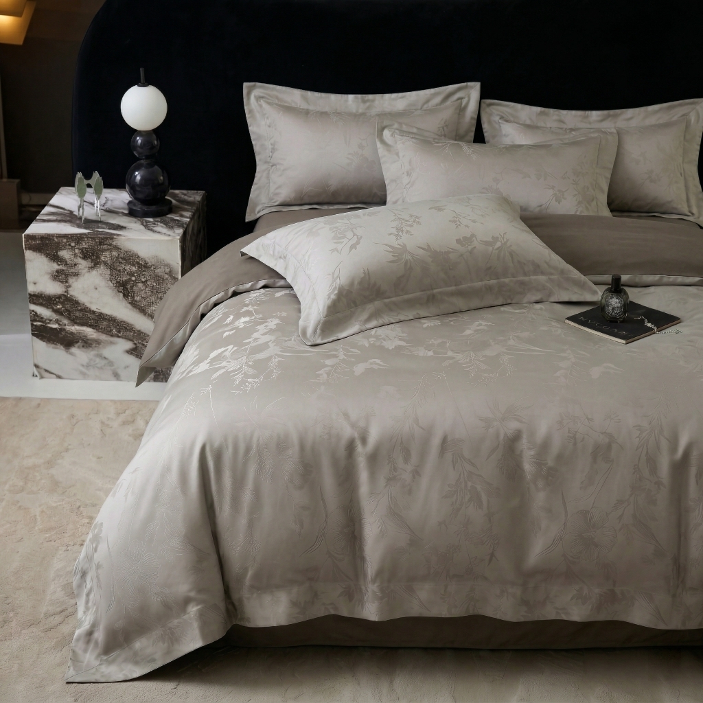 91家纺网 家纺一手货源 找家纺 悦织湾家纺 2026新款水洗冰丝贡缎提花亲肤四件套春夏凉爽床上用品四件套 铂雅金樽