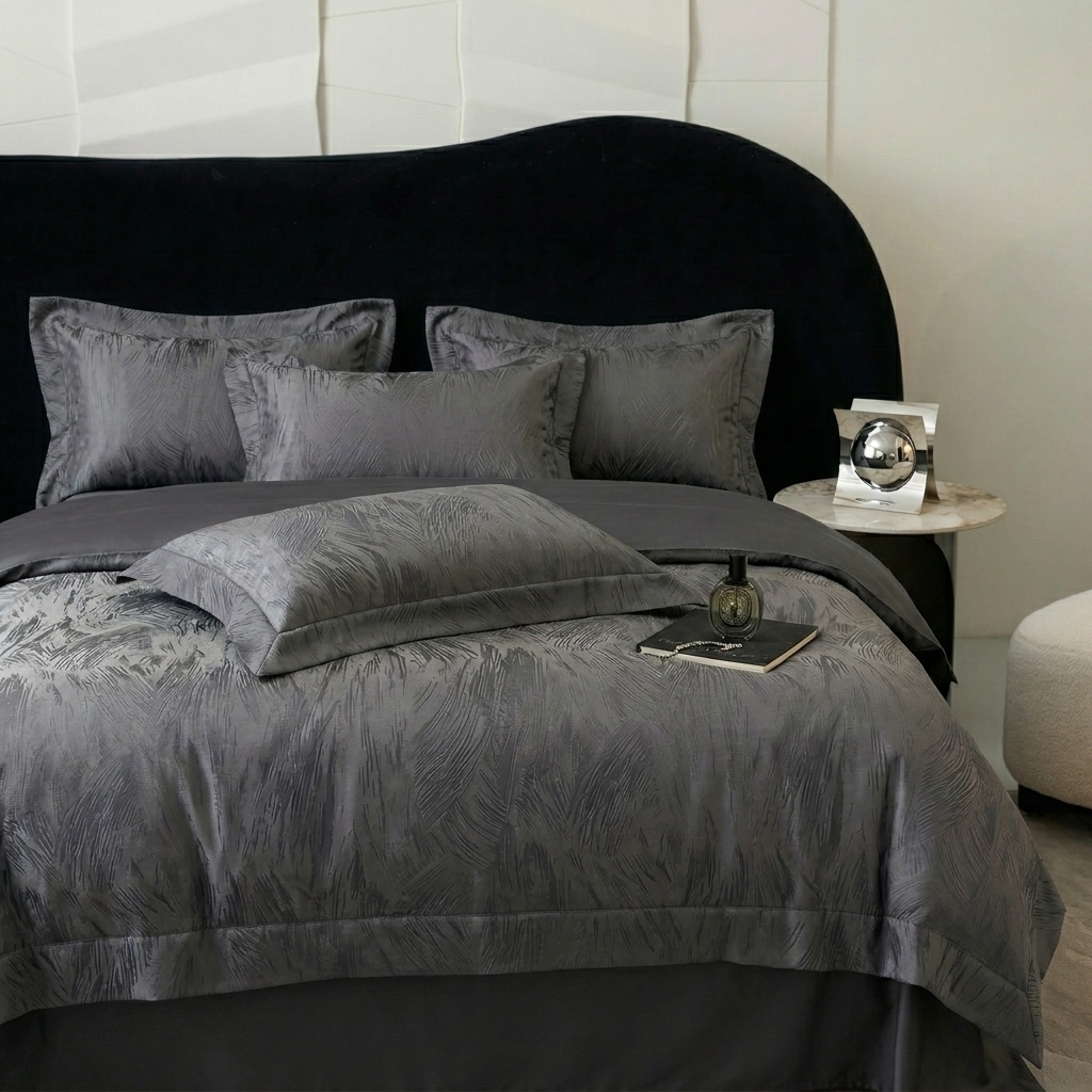 91家纺网 家纺一手货源 找家纺 悦织湾家纺 2026新款水洗冰丝贡缎提花亲肤四件套春夏凉爽床上用品四件套 墨影灰羽
