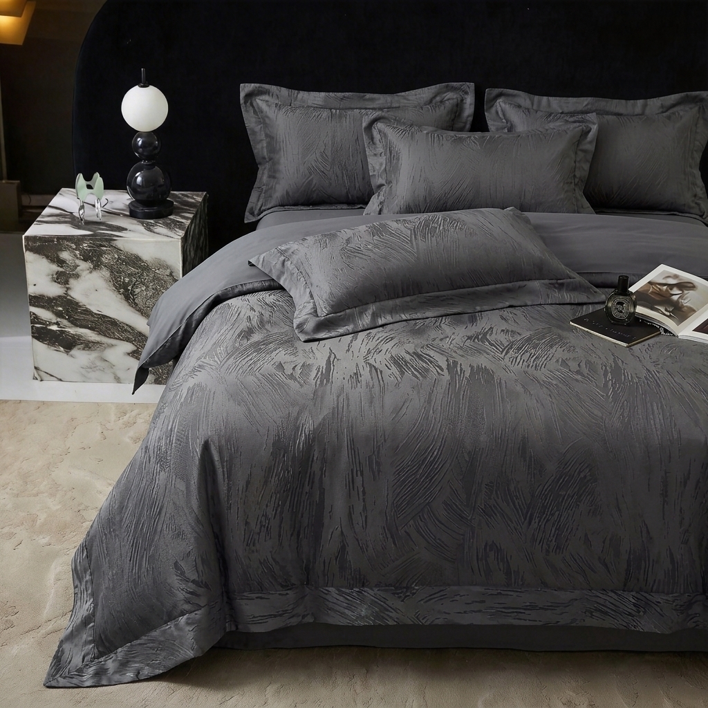 91家纺网 家纺一手货源 找家纺 悦织湾家纺 2026新款水洗冰丝贡缎提花亲肤四件套春夏凉爽床上用品四件套 墨影灰羽