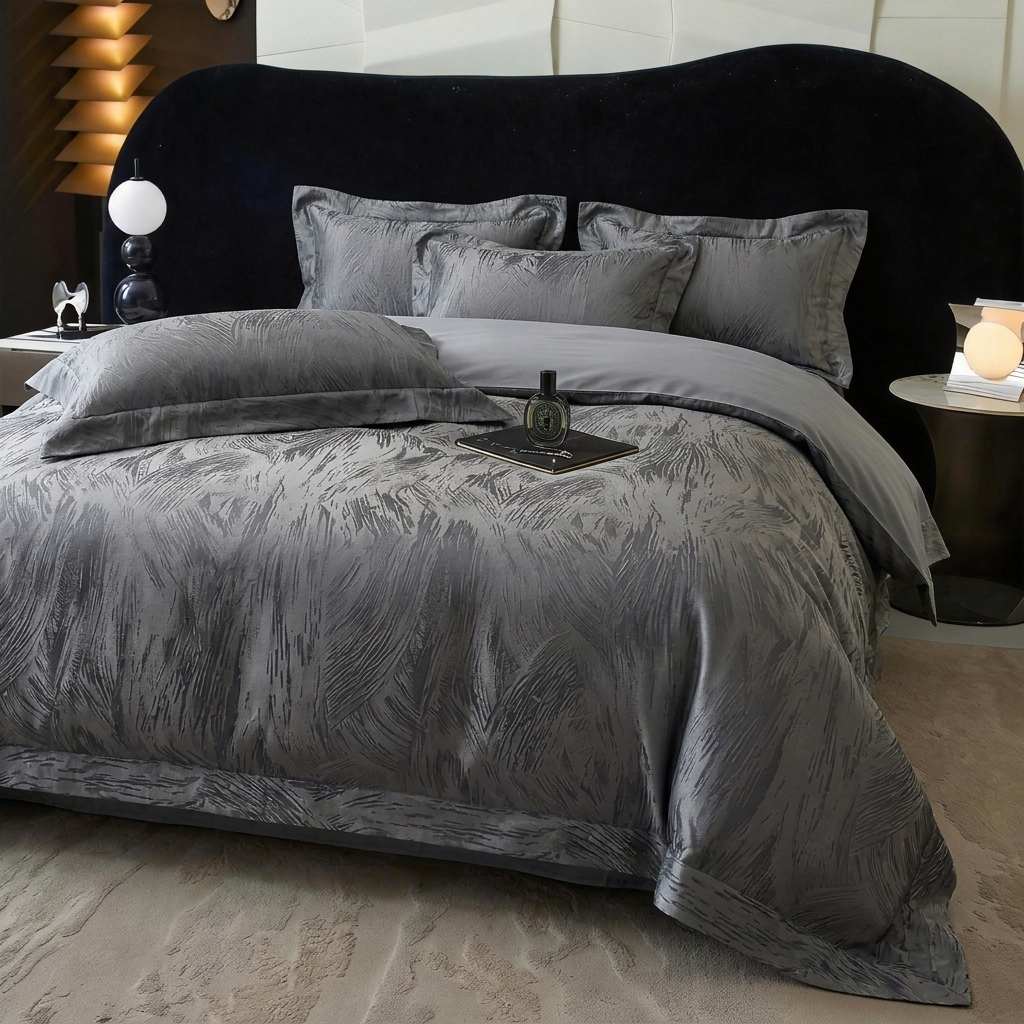 91家纺网 家纺一手货源 找家纺 悦织湾家纺 2026新款水洗冰丝贡缎提花亲肤四件套春夏凉爽床上用品四件套 墨影灰羽