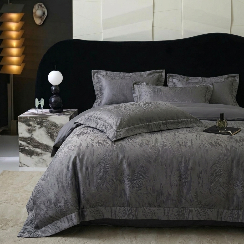 91家纺网 家纺一手货源 找家纺 悦织湾家纺 2026新款水洗冰丝贡缎提花亲肤四件套春夏凉爽床上用品四件套 墨影灰羽