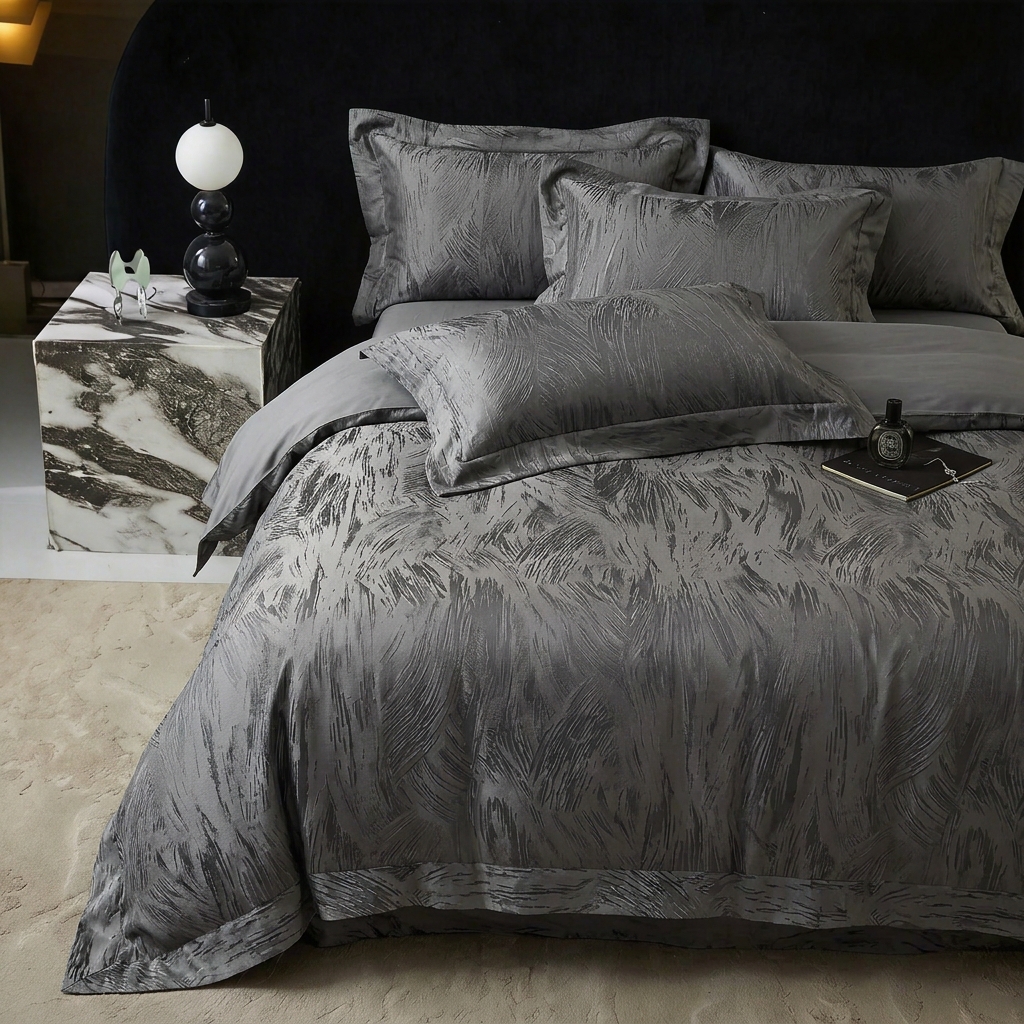 91家纺网 家纺一手货源 找家纺 悦织湾家纺 2026新款水洗冰丝贡缎提花亲肤四件套春夏凉爽床上用品四件套 墨影灰羽