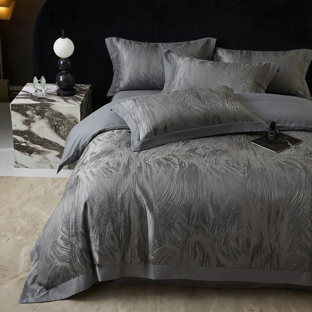 91家纺网 家纺一手货源 找家纺 悦织湾家纺 2026新款水洗冰丝贡缎提花亲肤四件套春夏凉爽床上用品四件套 墨影灰羽
