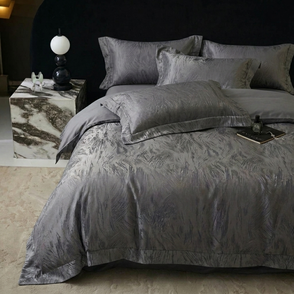 91家纺网 家纺一手货源 找家纺 悦织湾家纺 2026新款水洗冰丝贡缎提花亲肤四件套春夏凉爽床上用品四件套 墨影灰羽