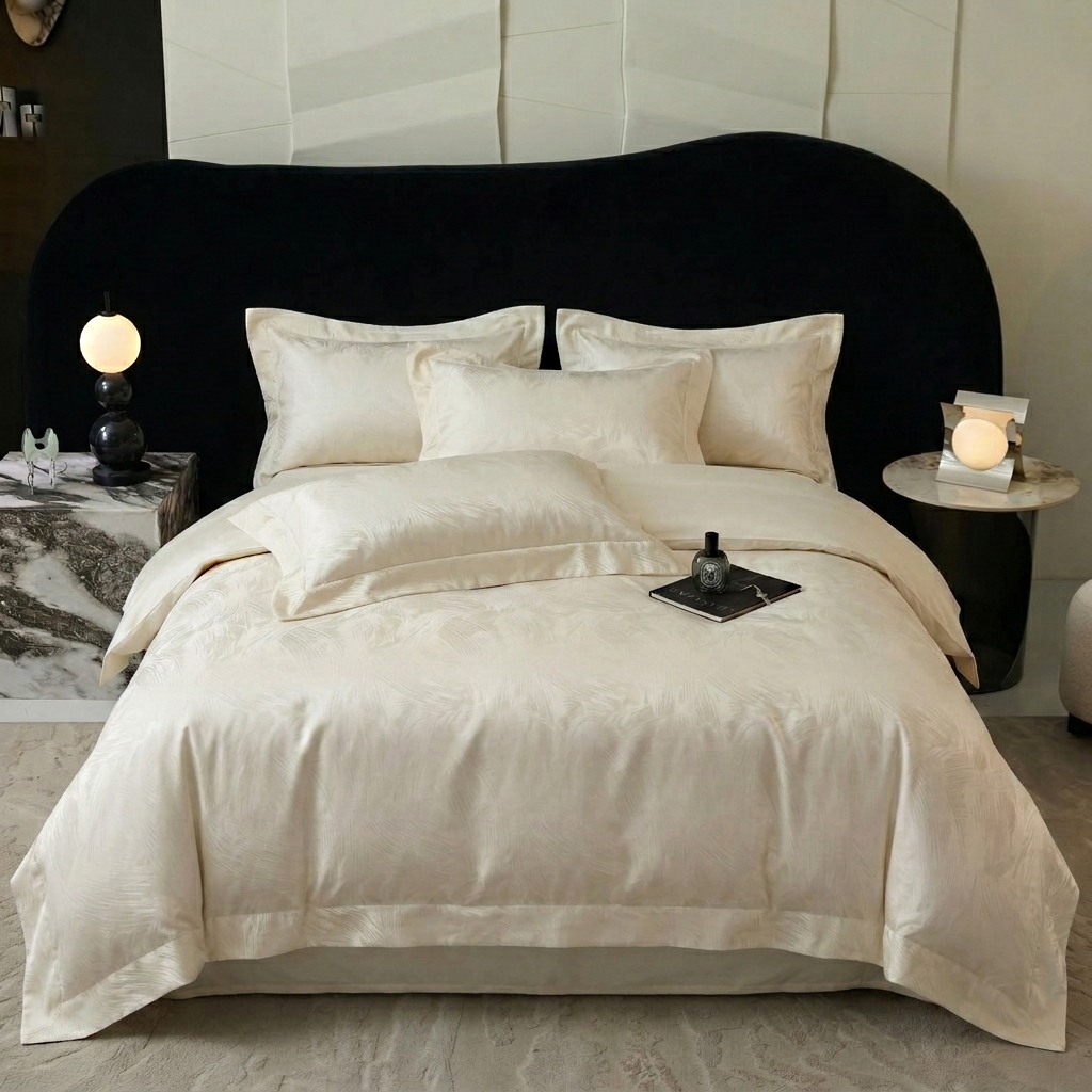 悦织湾家纺 2026新款水洗冰丝贡缎提花亲肤四件套春夏凉爽床上用品四件套 奶雾羽光