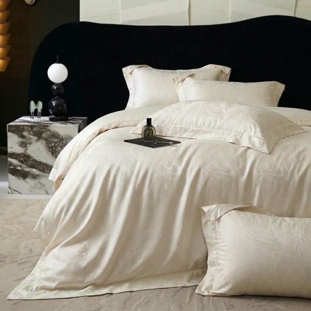 91家纺网 家纺一手货源 找家纺 悦织湾家纺 2026新款水洗冰丝贡缎提花亲肤四件套春夏凉爽床上用品四件套 奶雾羽光