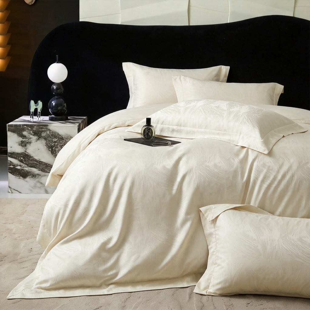 91家纺网 家纺一手货源 找家纺 悦织湾家纺 2026新款水洗冰丝贡缎提花亲肤四件套春夏凉爽床上用品四件套 奶雾羽光