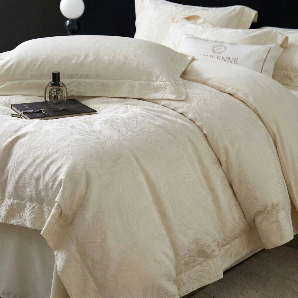 91家纺网 家纺一手货源 找家纺 悦织湾家纺 2026新款水洗冰丝贡缎提花亲肤四件套春夏凉爽床上用品四件套 奶雾羽光