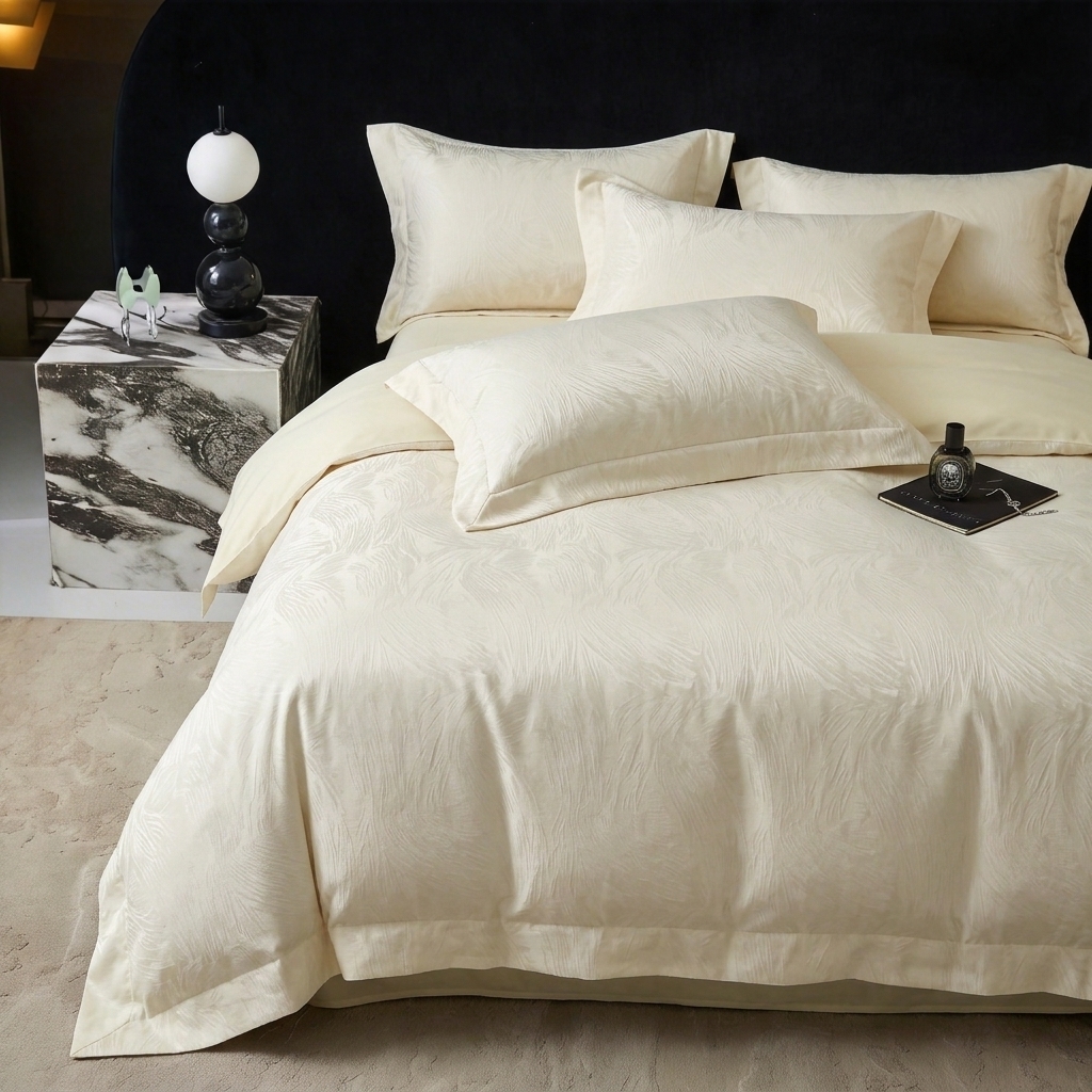 91家纺网 家纺一手货源 找家纺 悦织湾家纺 2026新款水洗冰丝贡缎提花亲肤四件套春夏凉爽床上用品四件套 奶雾羽光