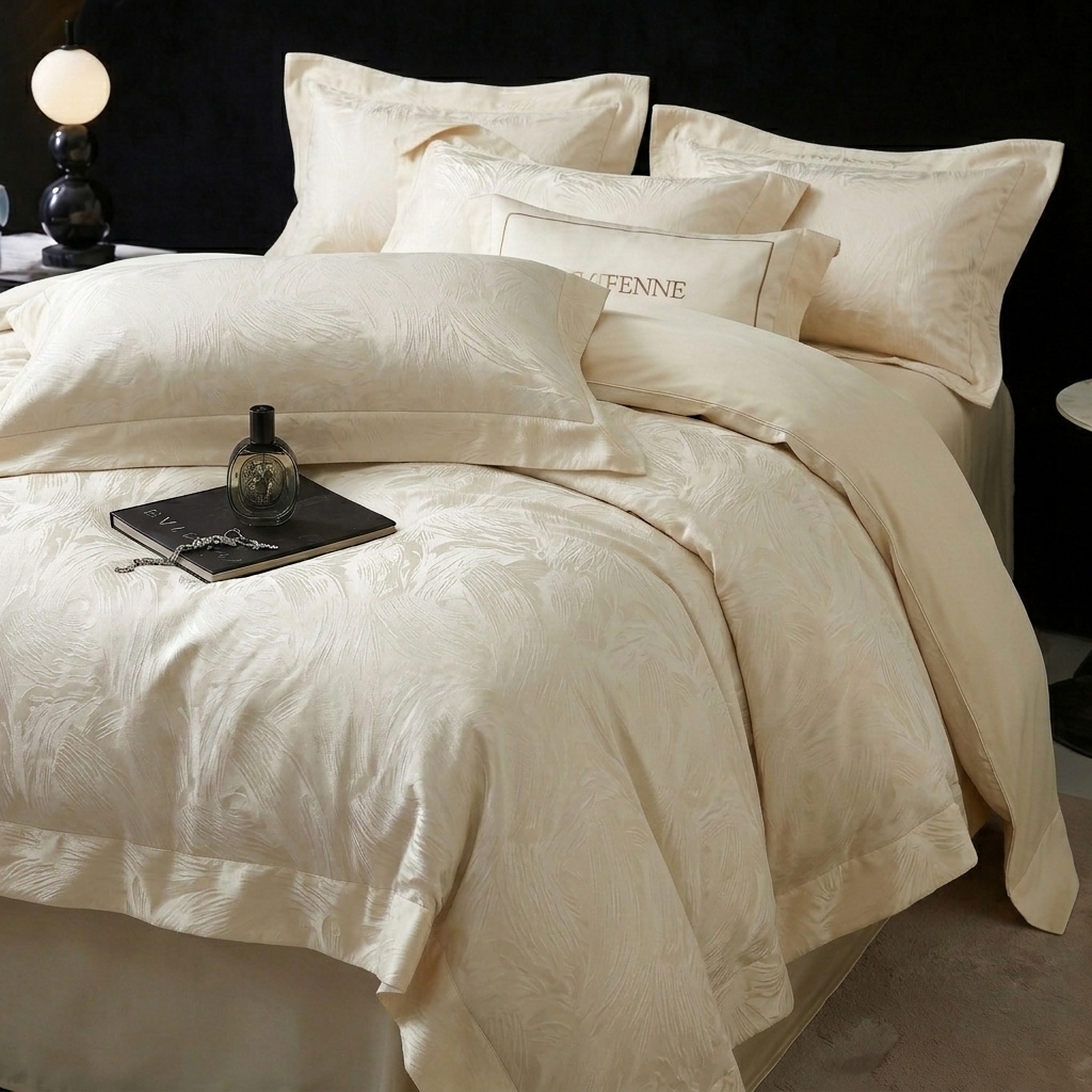 91家纺网 家纺一手货源 找家纺 悦织湾家纺 2026新款水洗冰丝贡缎提花亲肤四件套春夏凉爽床上用品四件套 奶雾羽光