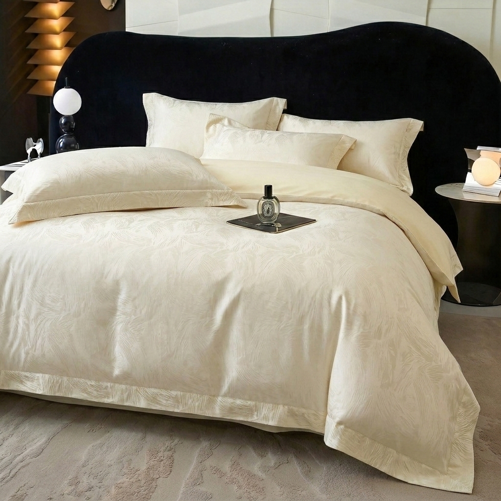 91家纺网 家纺一手货源 找家纺 悦织湾家纺 2026新款水洗冰丝贡缎提花亲肤四件套春夏凉爽床上用品四件套 奶雾羽光