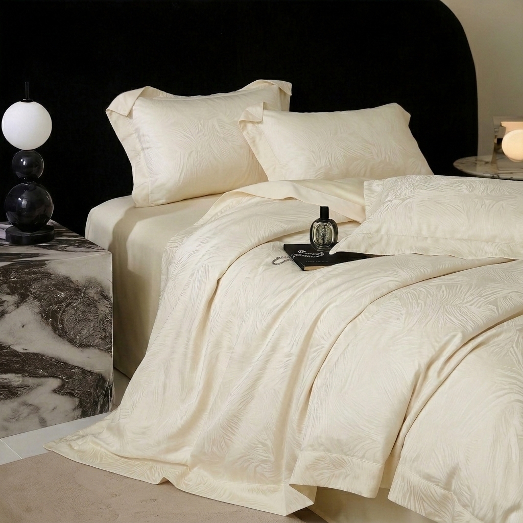 91家纺网 家纺一手货源 找家纺 悦织湾家纺 2026新款水洗冰丝贡缎提花亲肤四件套春夏凉爽床上用品四件套 奶雾羽光