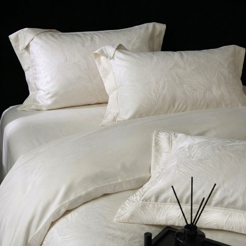 91家纺网 家纺一手货源 找家纺 悦织湾家纺 2026新款水洗冰丝贡缎提花亲肤四件套春夏凉爽床上用品四件套 奶雾羽光