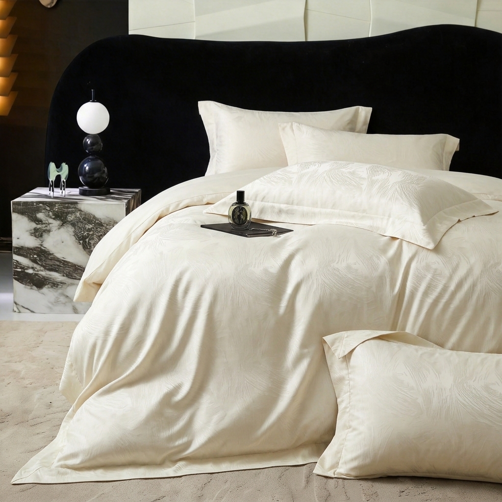 91家纺网 家纺一手货源 找家纺 悦织湾家纺 2026新款水洗冰丝贡缎提花亲肤四件套春夏凉爽床上用品四件套 奶雾羽光