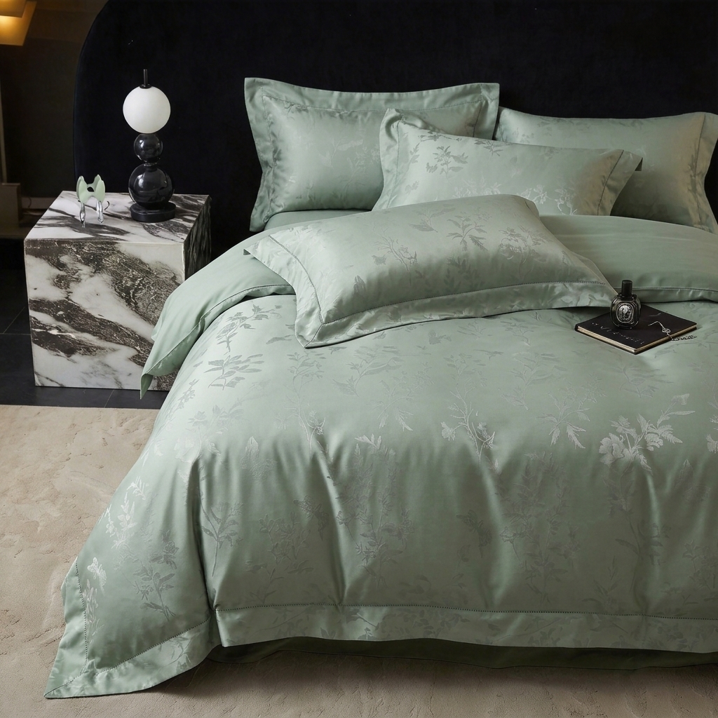 91家纺网 家纺一手货源 找家纺 悦织湾家纺 2026新款水洗冰丝贡缎提花亲肤四件套春夏凉爽床上用品四件套 青岚雅序