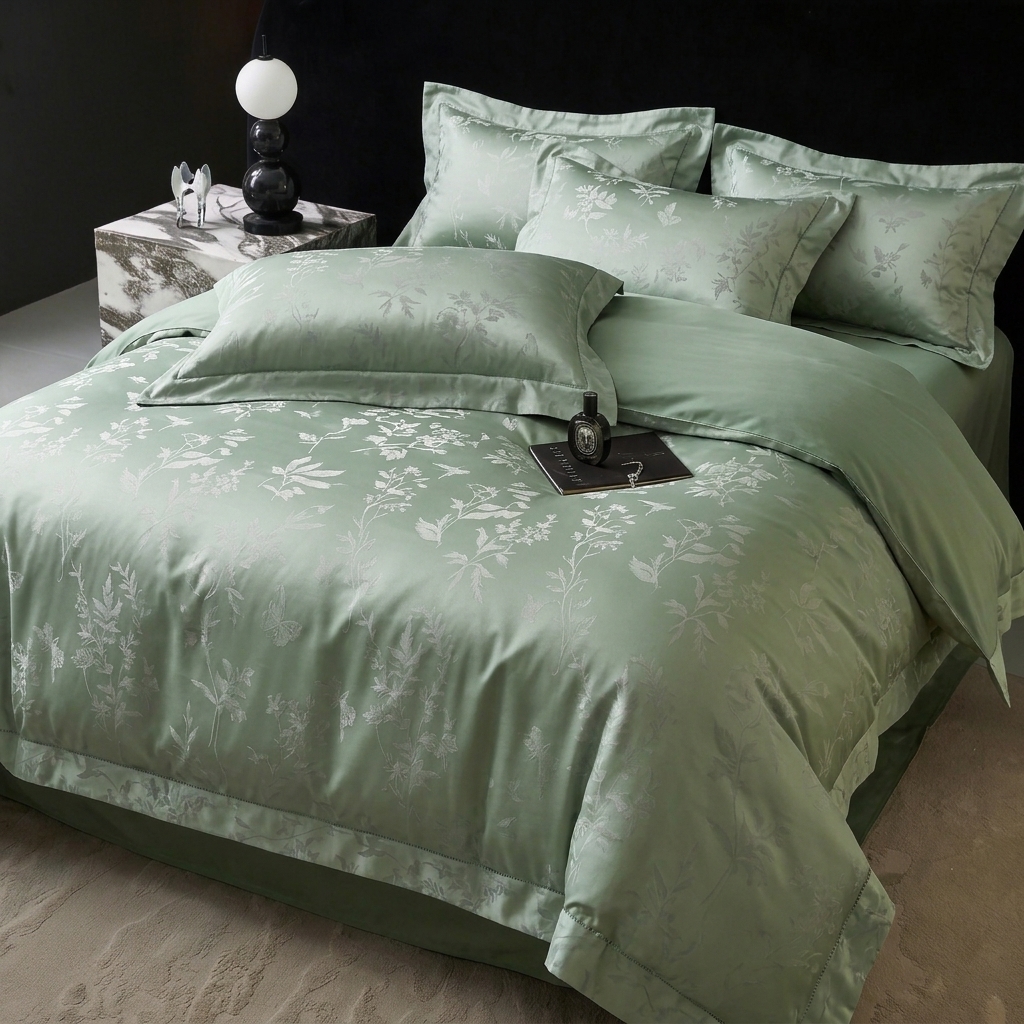 91家纺网 家纺一手货源 找家纺 悦织湾家纺 2026新款水洗冰丝贡缎提花亲肤四件套春夏凉爽床上用品四件套 青岚雅序