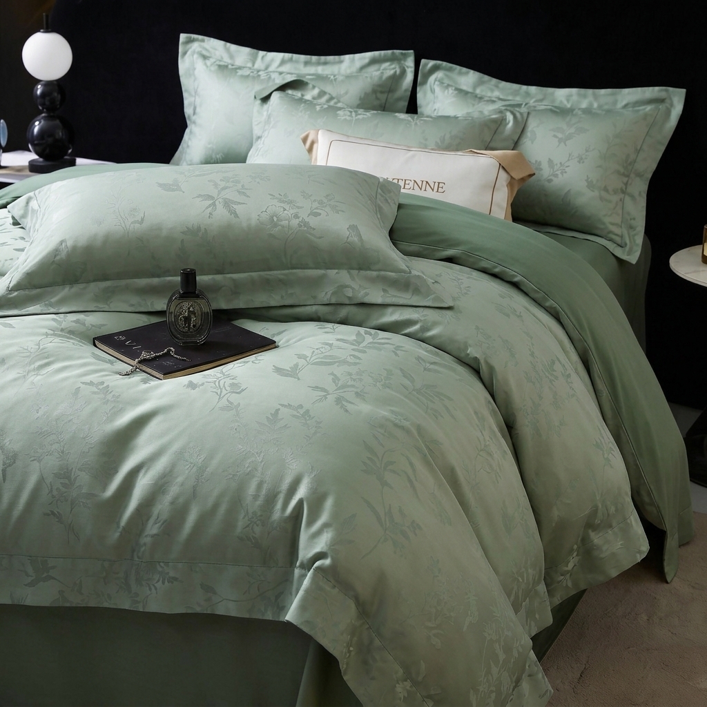 91家纺网 家纺一手货源 找家纺 悦织湾家纺 2026新款水洗冰丝贡缎提花亲肤四件套春夏凉爽床上用品四件套 青岚雅序