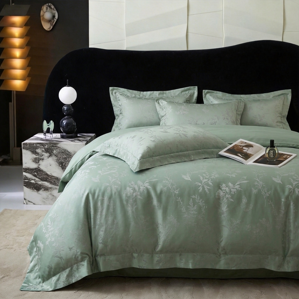 91家纺网 家纺一手货源 找家纺 悦织湾家纺 2026新款水洗冰丝贡缎提花亲肤四件套春夏凉爽床上用品四件套 青岚雅序