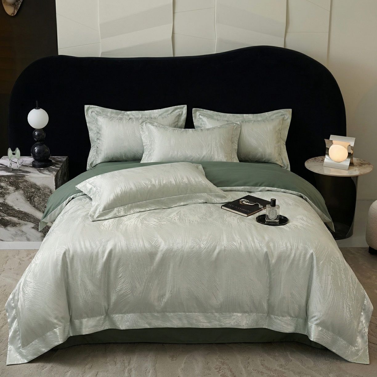 悦织湾家纺 2026新款水洗冰丝贡缎提花亲肤四件套春夏凉爽床上用品四件套 青羽松影