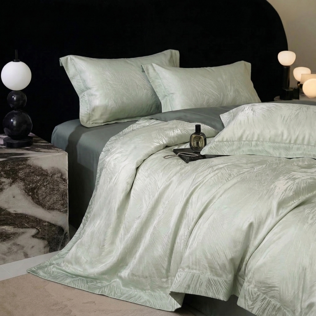 91家纺网 家纺一手货源 找家纺 悦织湾家纺 2026新款水洗冰丝贡缎提花亲肤四件套春夏凉爽床上用品四件套 青羽松影