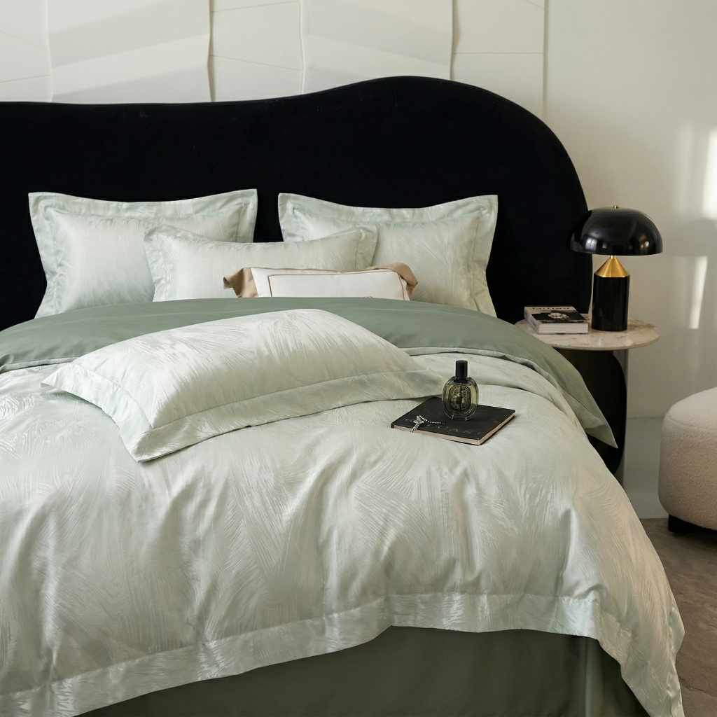 91家纺网 家纺一手货源 找家纺 悦织湾家纺 2026新款水洗冰丝贡缎提花亲肤四件套春夏凉爽床上用品四件套 青羽松影