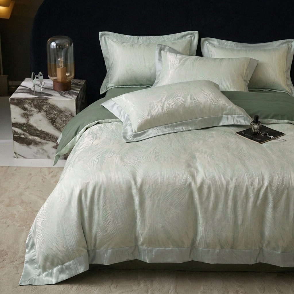 91家纺网 家纺一手货源 找家纺 悦织湾家纺 2026新款水洗冰丝贡缎提花亲肤四件套春夏凉爽床上用品四件套 青羽松影