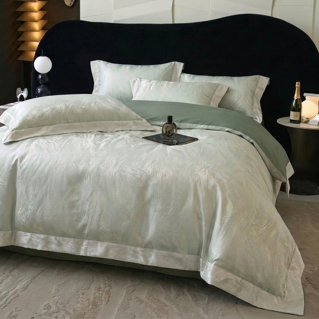 91家纺网 家纺一手货源 找家纺 悦织湾家纺 2026新款水洗冰丝贡缎提花亲肤四件套春夏凉爽床上用品四件套 青羽松影