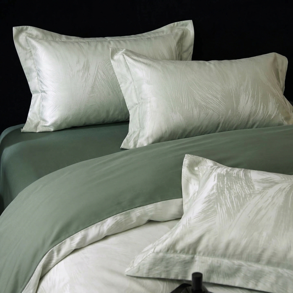 91家纺网 家纺一手货源 找家纺 悦织湾家纺 2026新款水洗冰丝贡缎提花亲肤四件套春夏凉爽床上用品四件套 青羽松影