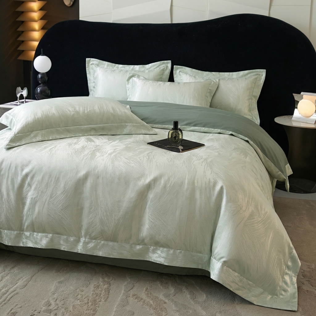 91家纺网 家纺一手货源 找家纺 悦织湾家纺 2026新款水洗冰丝贡缎提花亲肤四件套春夏凉爽床上用品四件套 青羽松影