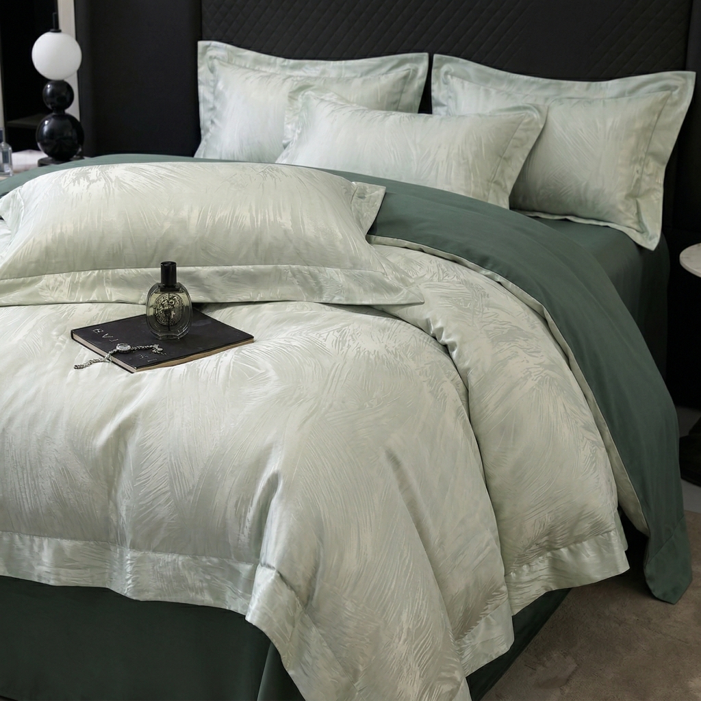 91家纺网 家纺一手货源 找家纺 悦织湾家纺 2026新款水洗冰丝贡缎提花亲肤四件套春夏凉爽床上用品四件套 青羽松影