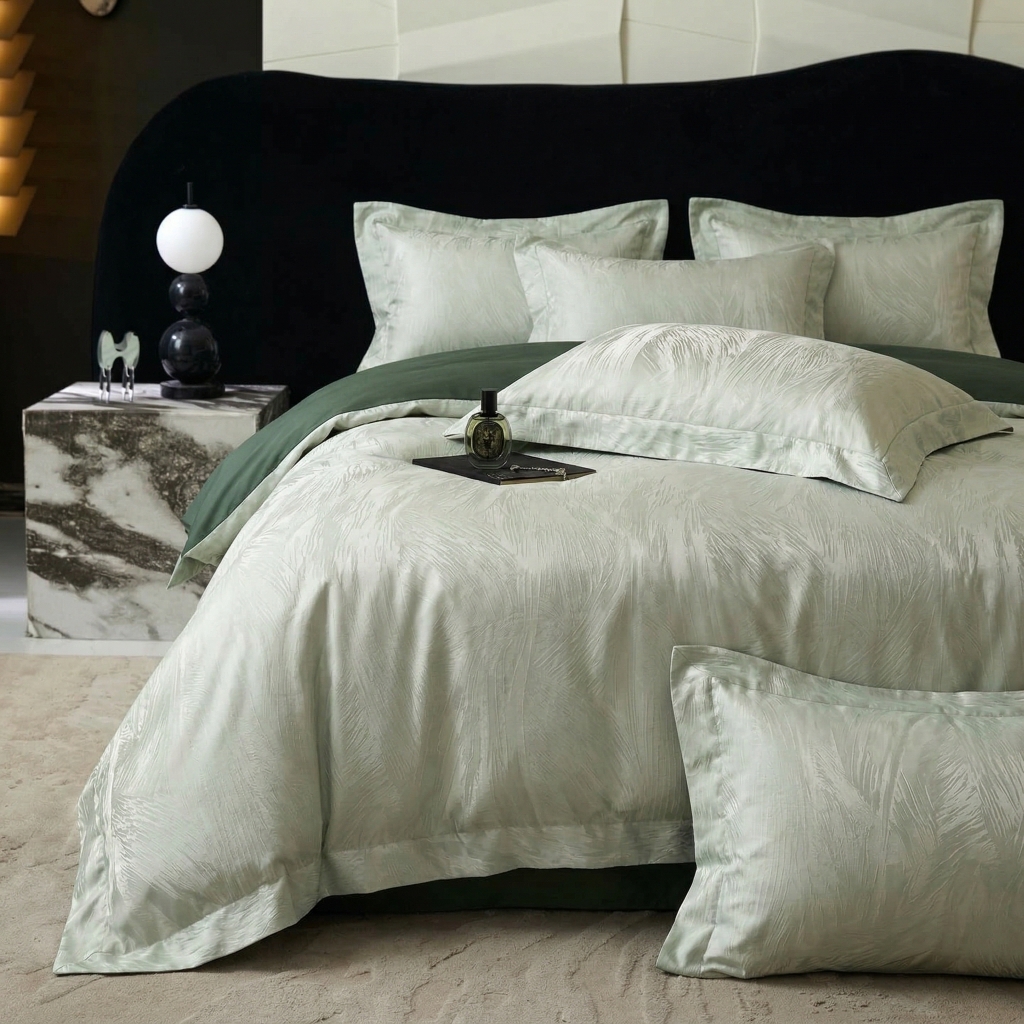 91家纺网 家纺一手货源 找家纺 悦织湾家纺 2026新款水洗冰丝贡缎提花亲肤四件套春夏凉爽床上用品四件套 青羽松影