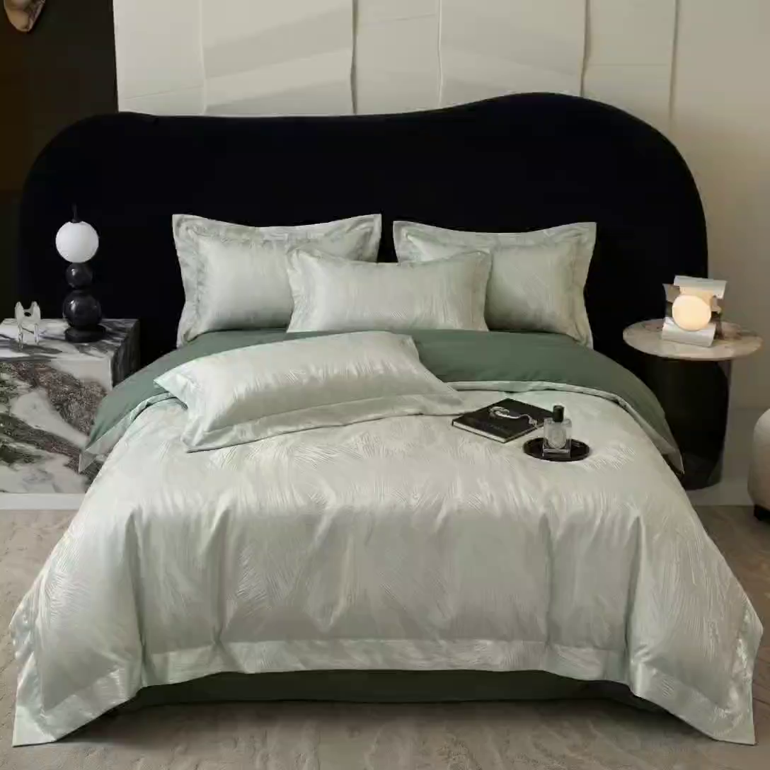 91家纺网 家纺一手货源 找家纺 悦织湾家纺 2026新款水洗冰丝贡缎提花亲肤四件套春夏凉爽床上用品四件套 青羽松影