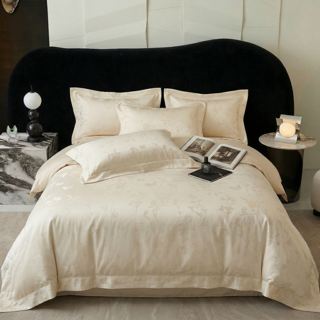 91家纺网 家纺一手货源 找家纺 悦织湾家纺 2026新款水洗冰丝贡缎提花亲肤四件套春夏凉爽床上用品四件套 琼华锦序