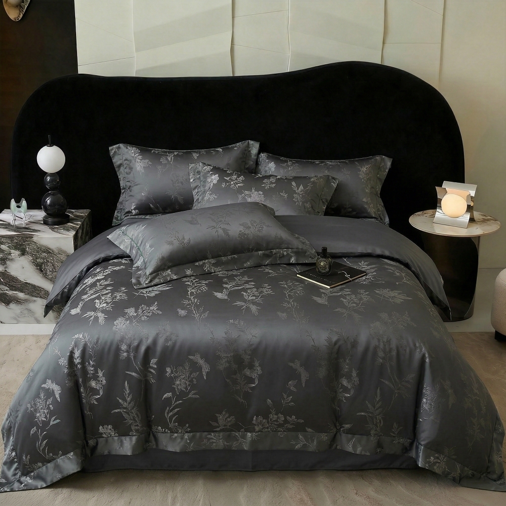 悦织湾家纺 2026新款水洗冰丝贡缎提花亲肤四件套春夏凉爽床上用品四件套 玄墨疏影