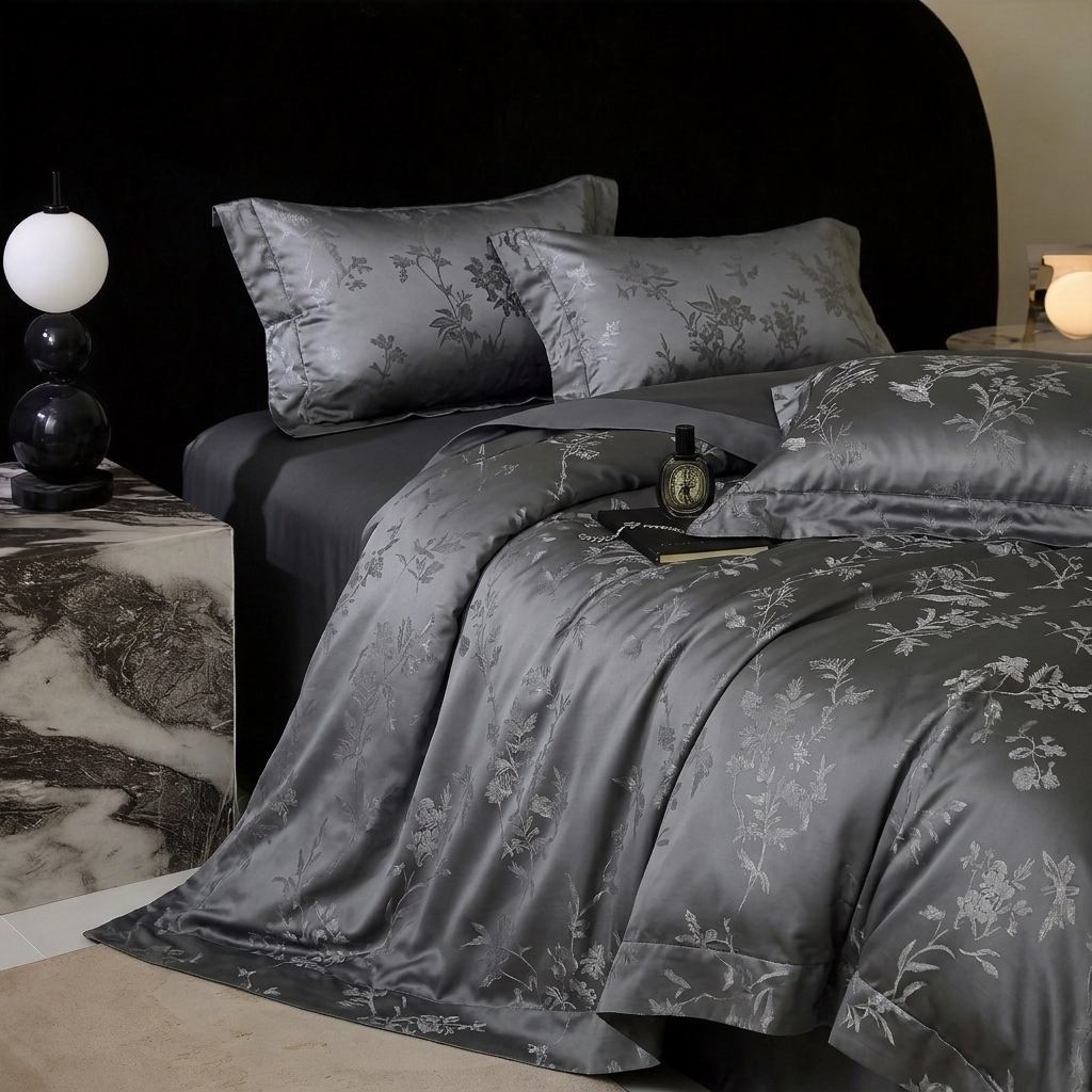 91家纺网 家纺一手货源 找家纺 悦织湾家纺 2026新款水洗冰丝贡缎提花亲肤四件套春夏凉爽床上用品四件套 玄墨疏影
