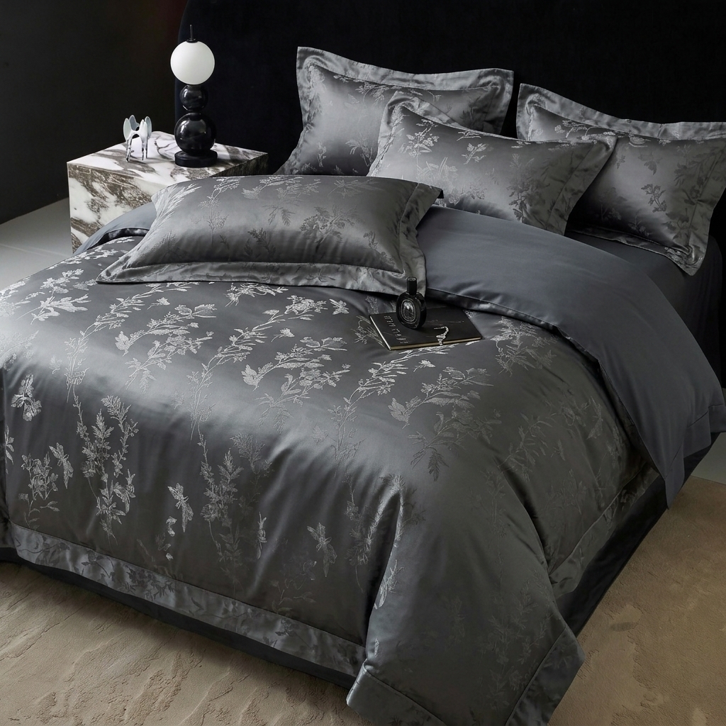 91家纺网 家纺一手货源 找家纺 悦织湾家纺 2026新款水洗冰丝贡缎提花亲肤四件套春夏凉爽床上用品四件套 玄墨疏影