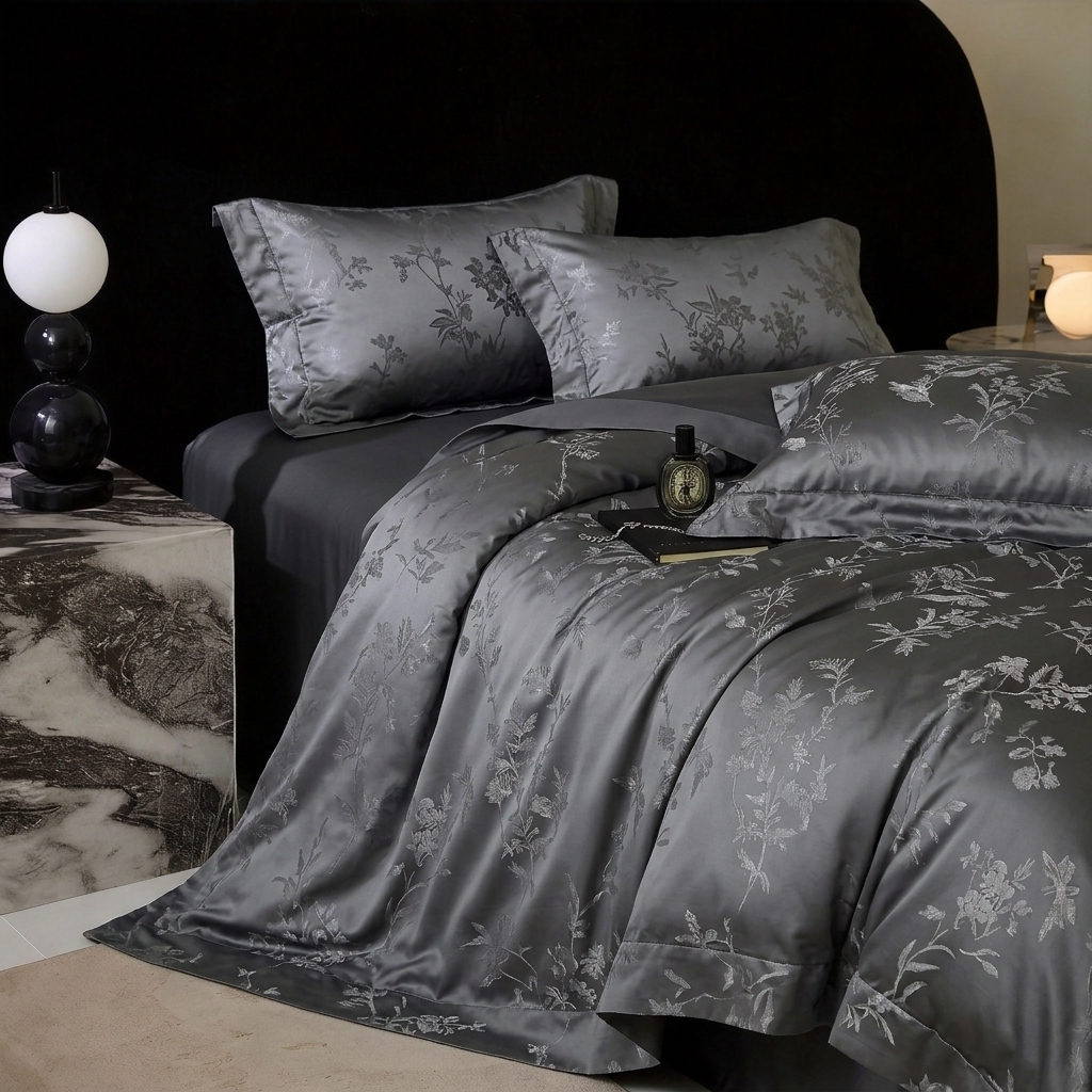 91家纺网 家纺一手货源 找家纺 悦织湾家纺 2026新款水洗冰丝贡缎提花亲肤四件套春夏凉爽床上用品四件套 玄墨疏影