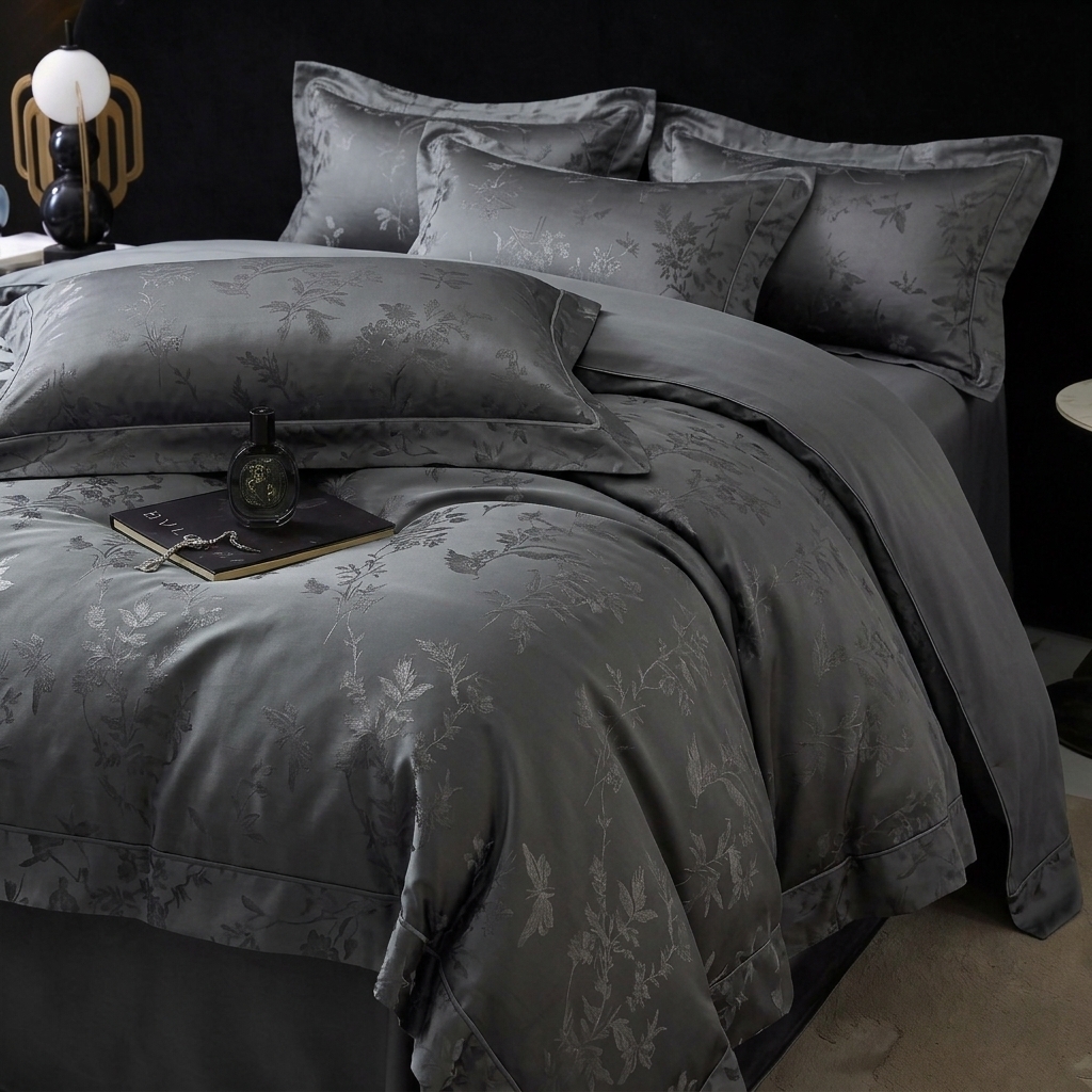 91家纺网 家纺一手货源 找家纺 悦织湾家纺 2026新款水洗冰丝贡缎提花亲肤四件套春夏凉爽床上用品四件套 玄墨疏影