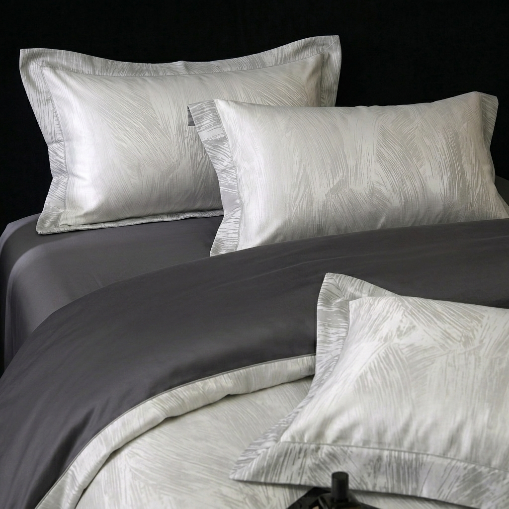 91家纺网 家纺一手货源 找家纺 悦织湾家纺 2026新款水洗冰丝贡缎提花亲肤四件套春夏凉爽床上用品四件套 银羽清辉