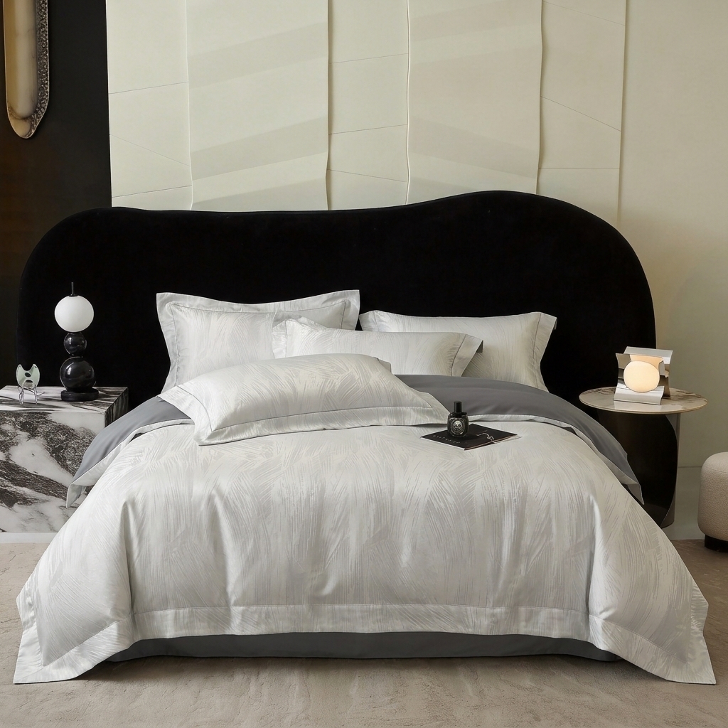 91家纺网 家纺一手货源 找家纺 悦织湾家纺 2026新款水洗冰丝贡缎提花亲肤四件套春夏凉爽床上用品四件套 银羽清辉