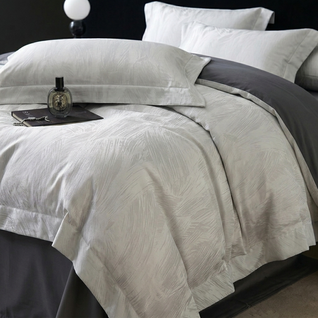 91家纺网 家纺一手货源 找家纺 悦织湾家纺 2026新款水洗冰丝贡缎提花亲肤四件套春夏凉爽床上用品四件套 银羽清辉