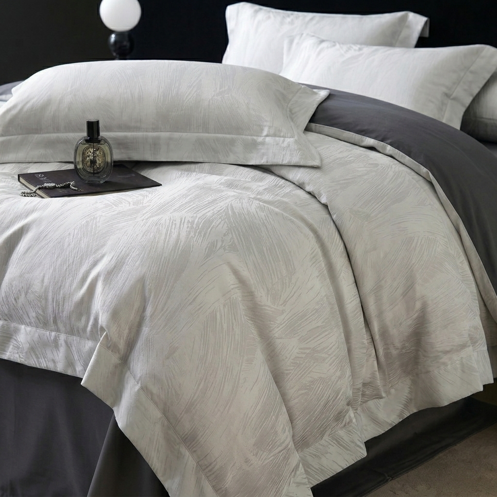 91家纺网 家纺一手货源 找家纺 悦织湾家纺 2026新款水洗冰丝贡缎提花亲肤四件套春夏凉爽床上用品四件套 银羽清辉