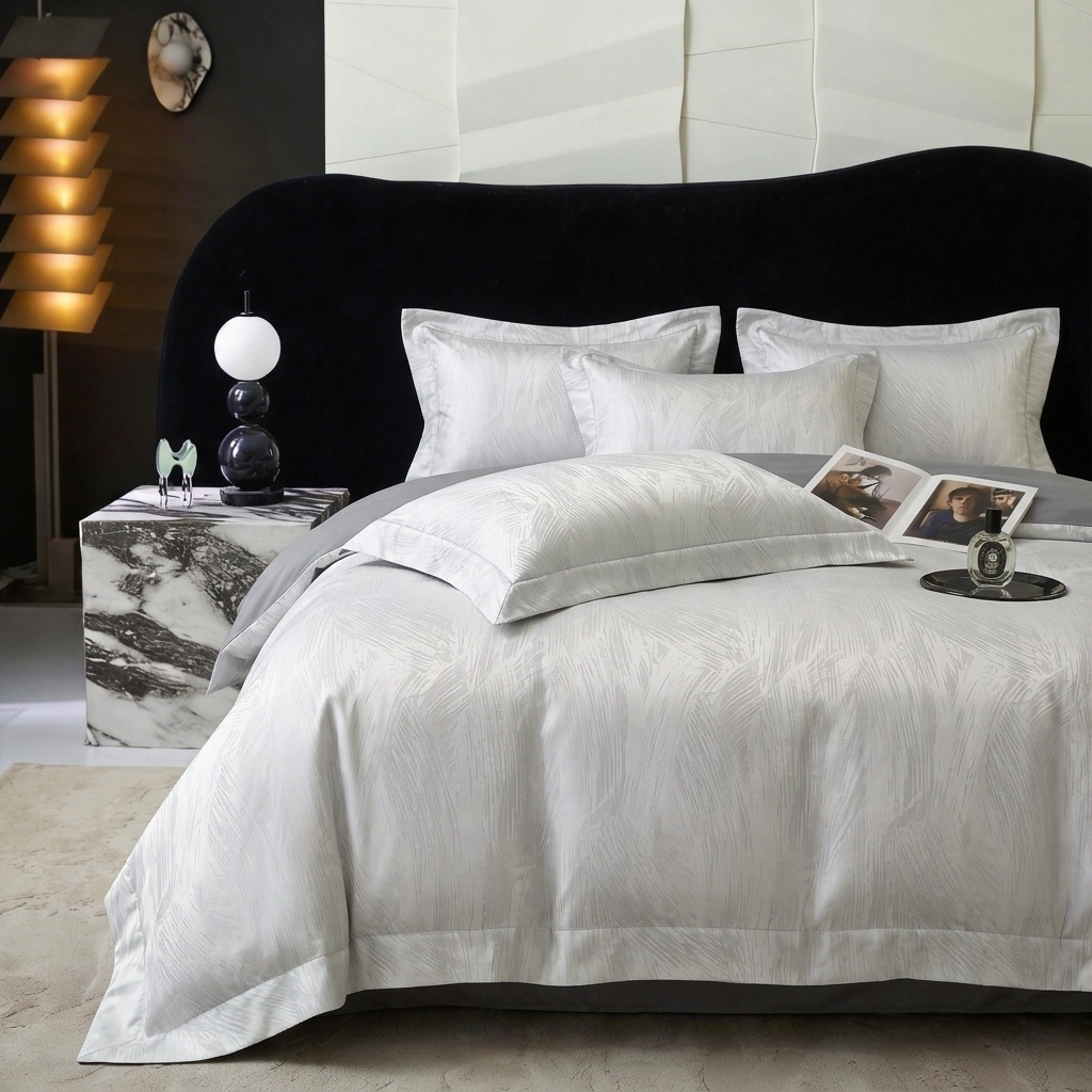 91家纺网 家纺一手货源 找家纺 悦织湾家纺 2026新款水洗冰丝贡缎提花亲肤四件套春夏凉爽床上用品四件套 银羽清辉