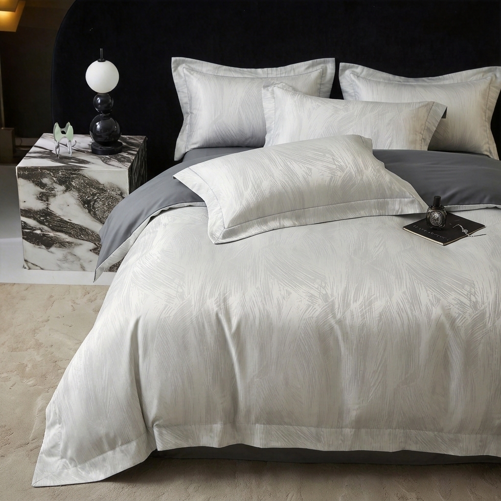 91家纺网 家纺一手货源 找家纺 悦织湾家纺 2026新款水洗冰丝贡缎提花亲肤四件套春夏凉爽床上用品四件套 银羽清辉