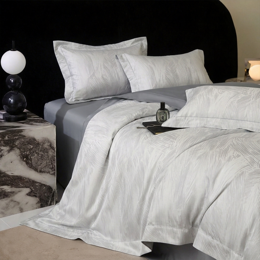 91家纺网 家纺一手货源 找家纺 悦织湾家纺 2026新款水洗冰丝贡缎提花亲肤四件套春夏凉爽床上用品四件套 银羽清辉